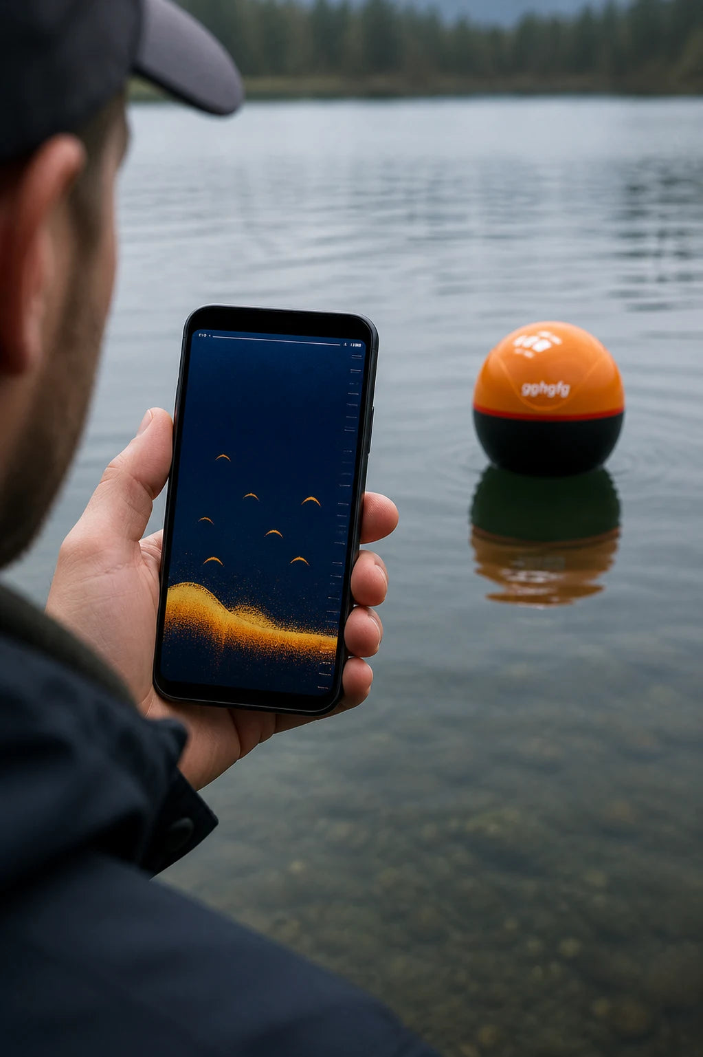 Angler betrachtet Sonardaten auf einem Smartphone, während das gghgfg Sonar im Wasser schwimmt