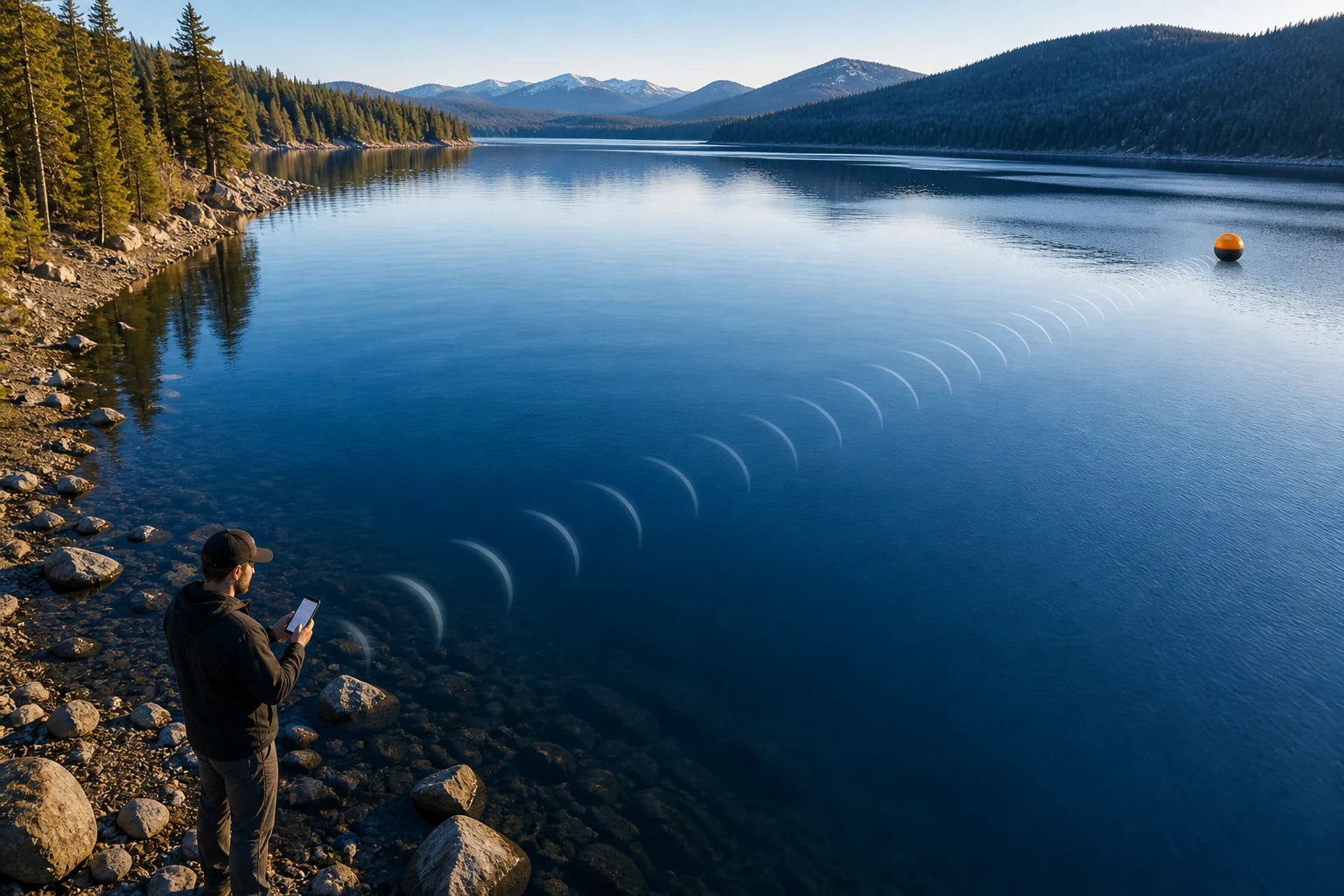 Große Distanz zwischen einem Angler am Ufer und dem gghgfg Sonar auf dem See